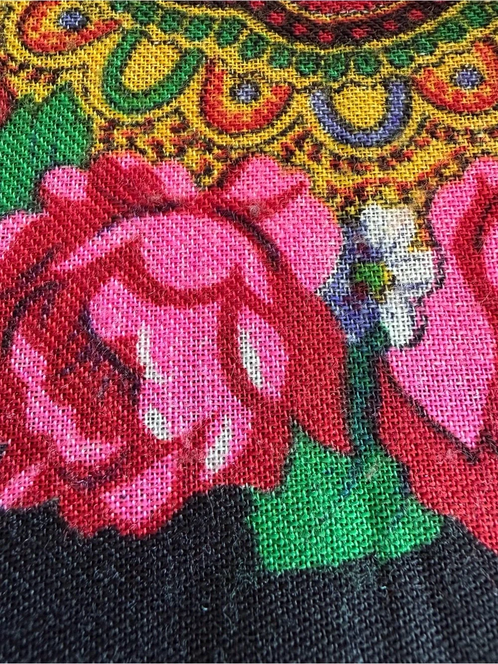 Vintage Russian Wool Floral Square Shawl Black Folk Scarf Wrap 50”x50”